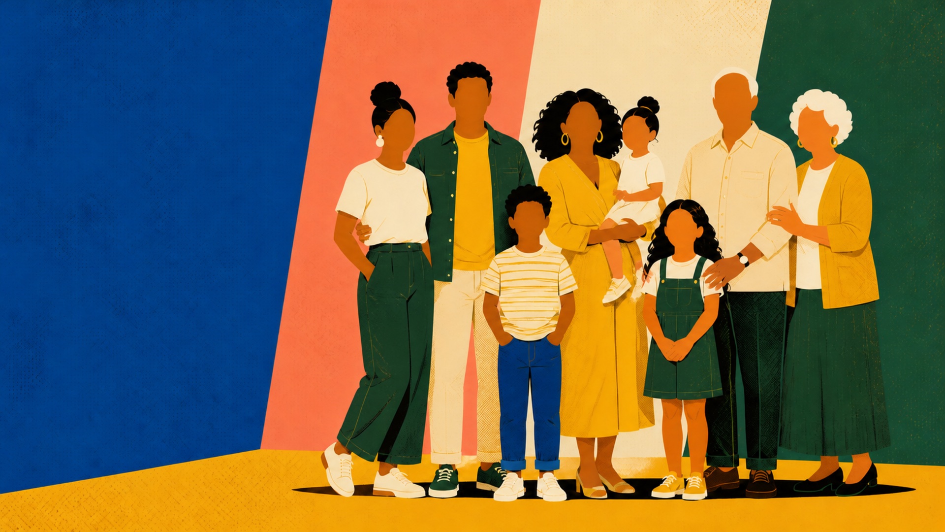 Faceless multigenerational family in a colorful pop-art screen print